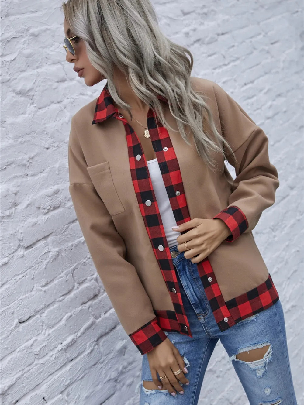 Plaid Trim Long Sleeve Jacket for Women