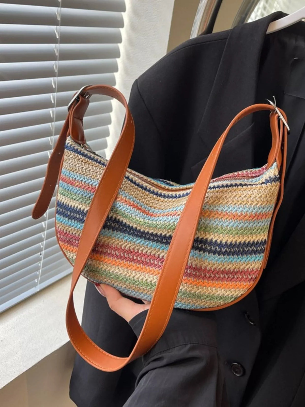 Striped Straw Woven Crossbody Bag for Women