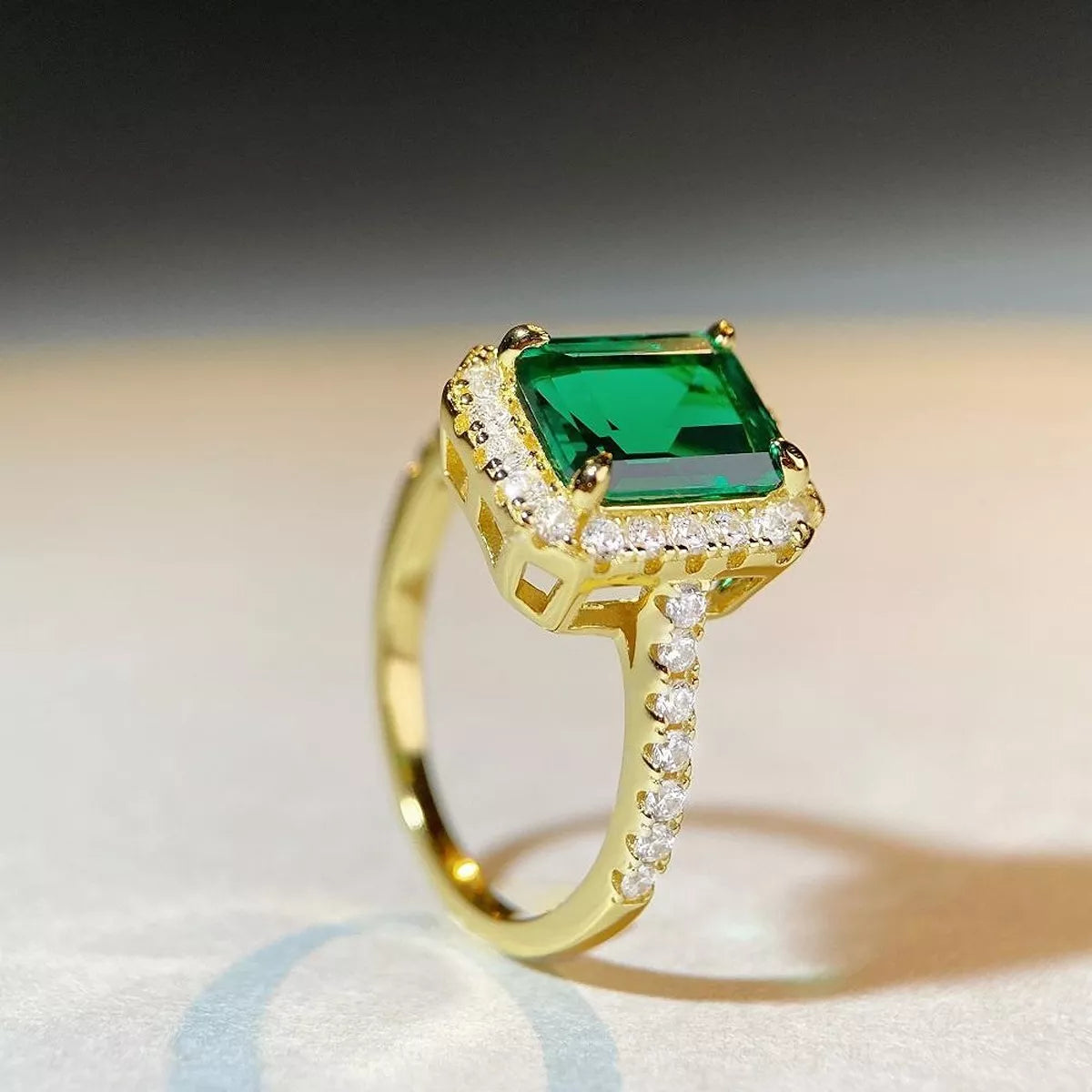 18K Gold-Plated 925 Sterling Silver Zircon Geometric Ring for Women in Dark Green