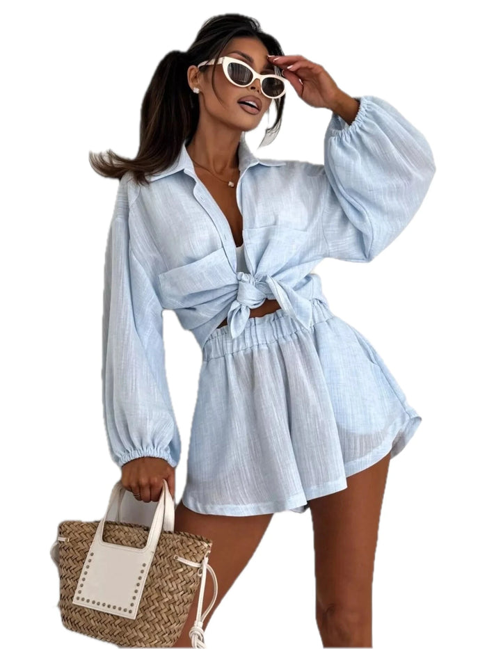 Long Sleeve Shirt and High-Waisted Shorts Set for Women