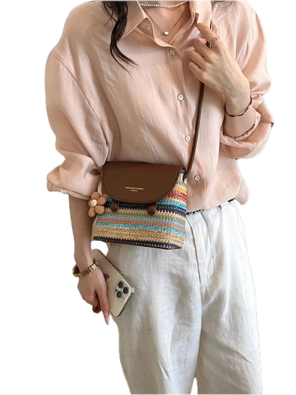 PU Leather Striped Woven Crossbody Bag