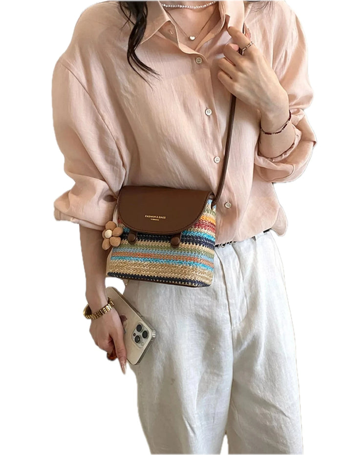 PU Leather Striped Woven Crossbody Bag
