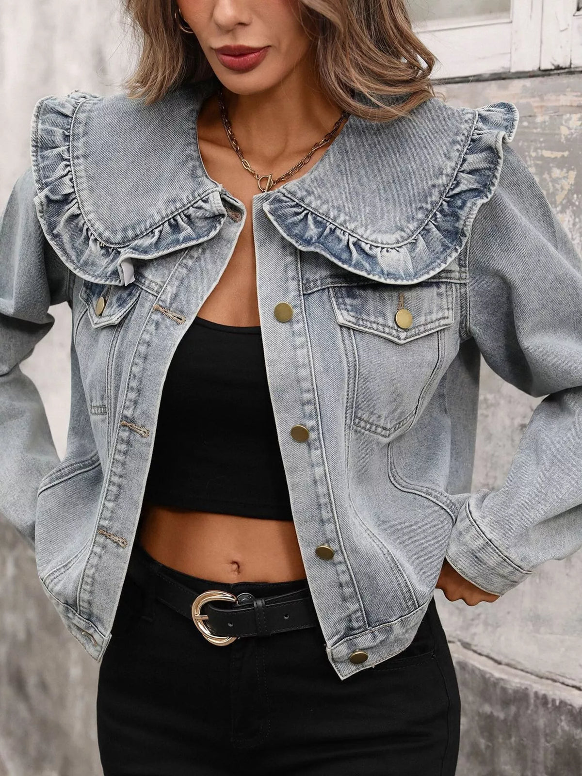 Floral Ruffle Collar Denim Jacket