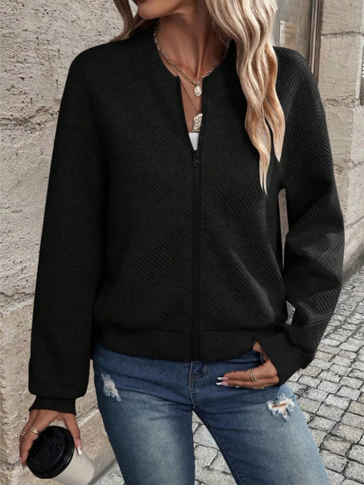 Textured Knit Zip Up Jacket