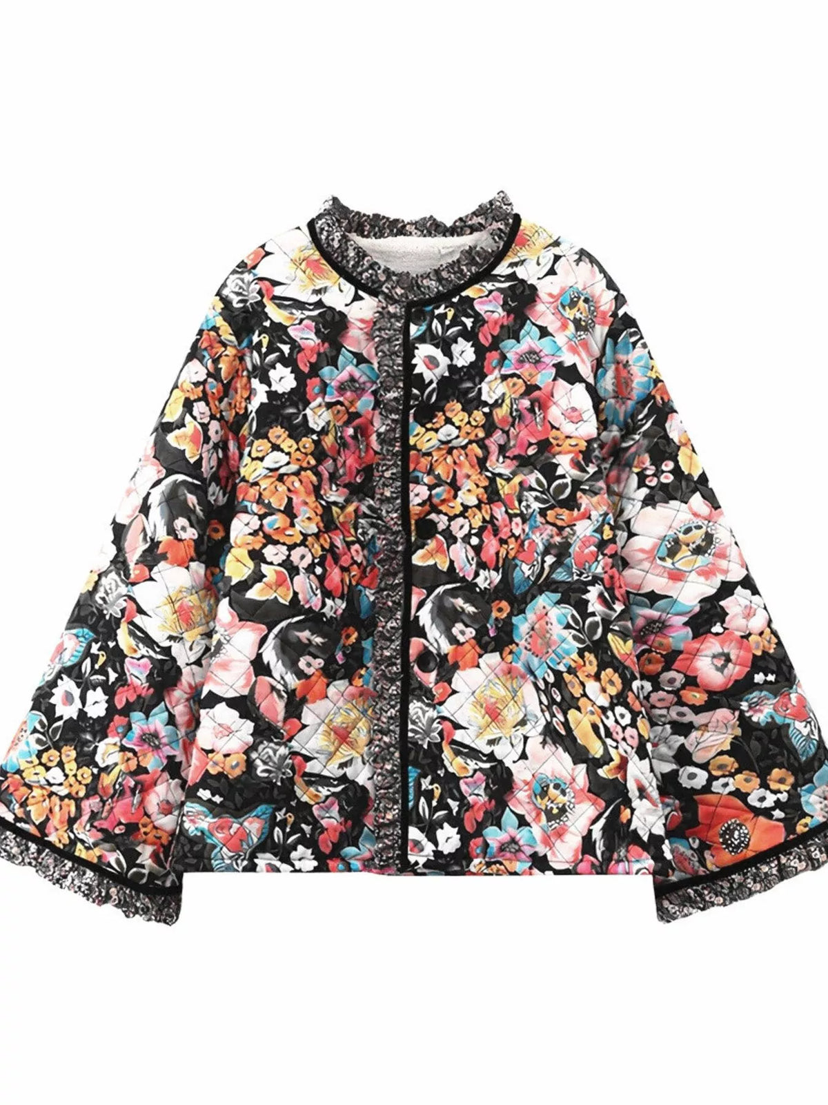 Full Size Floral Print Quilted Sherpa-Lined Jacket for Women Plus Size
