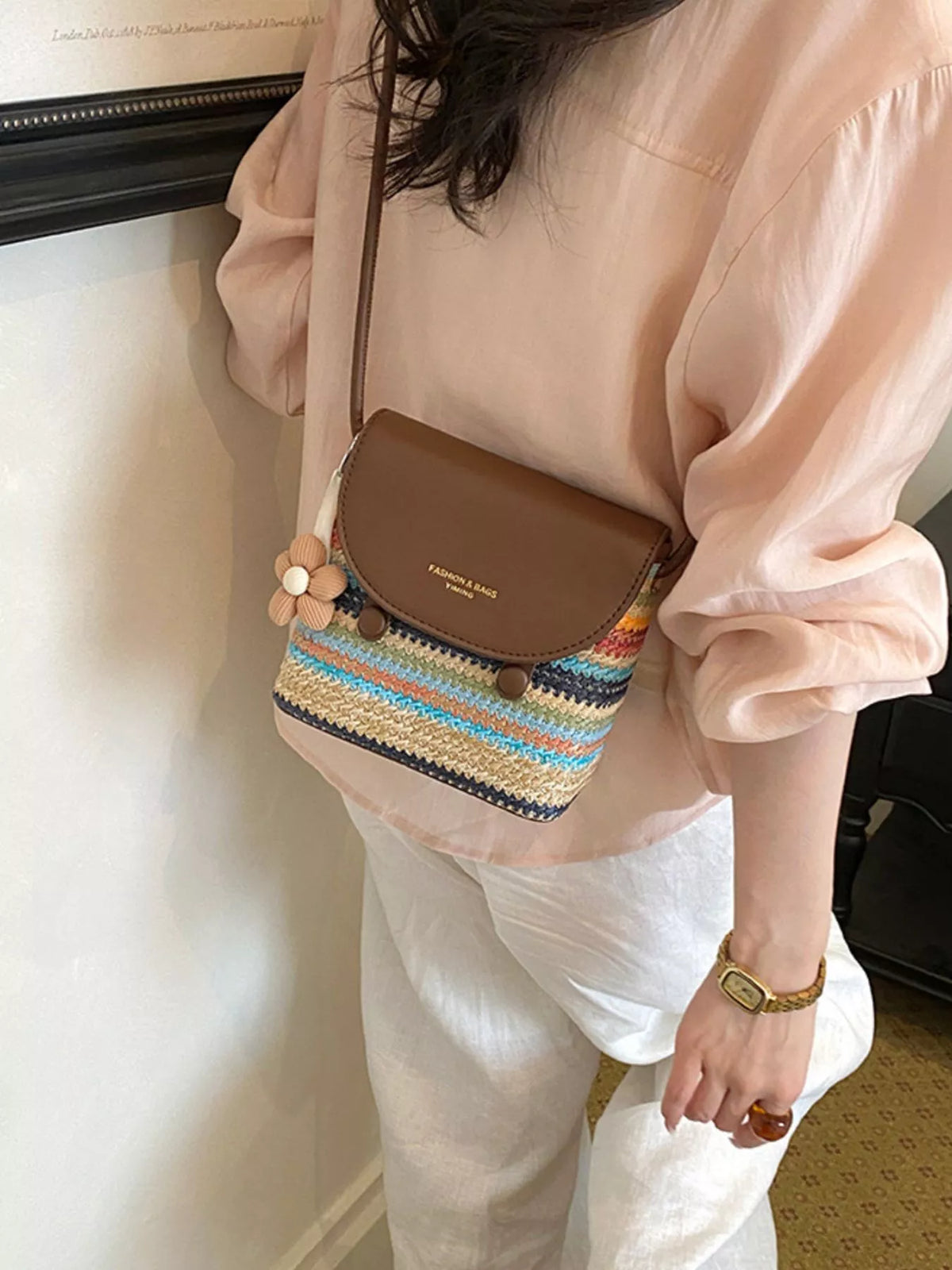 PU Leather Striped Woven Crossbody Bag
