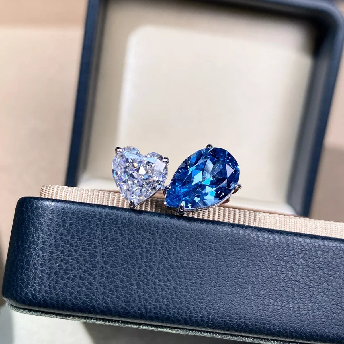 Heart and Teardrop Shaped Dual-Stone Open Ring for Women