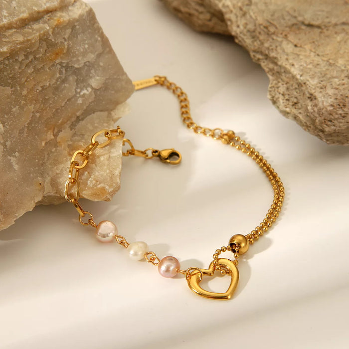 18K Gold-Plated Heart Pearl Bracelet for Women