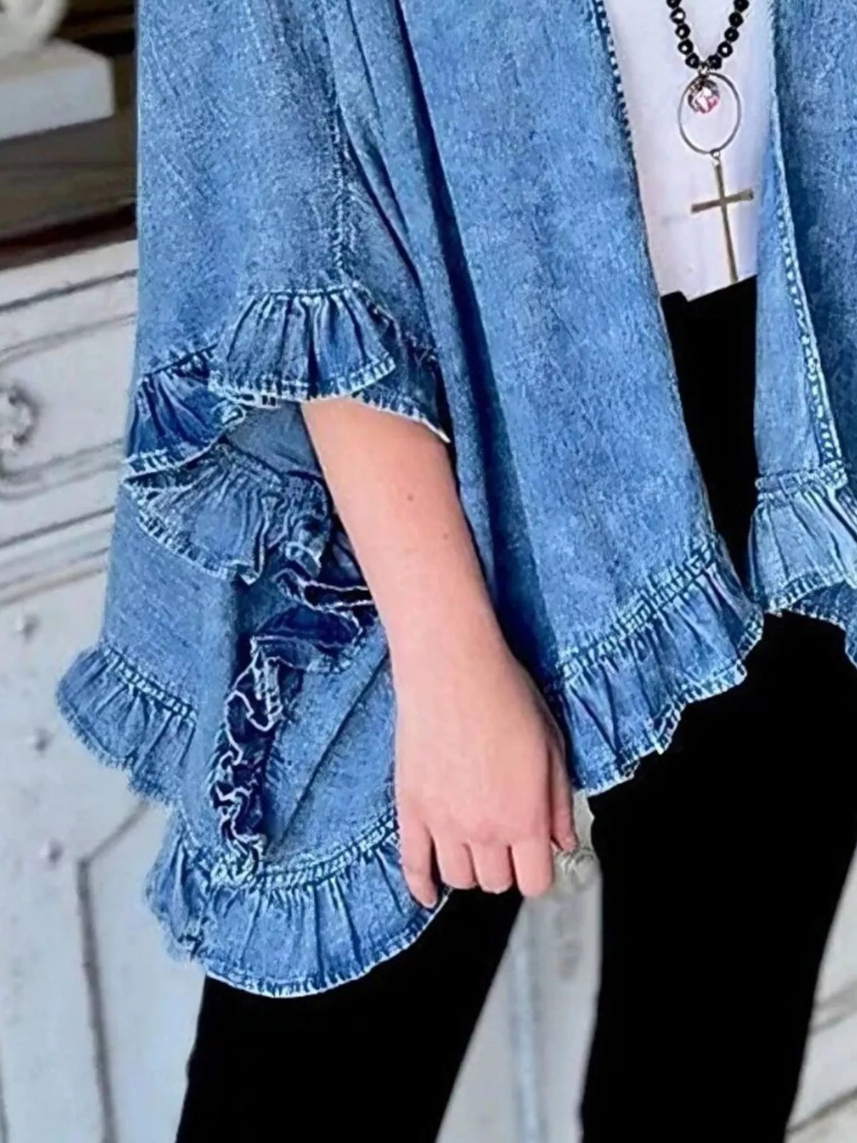 Ruffled Edge Open Front Denim Jacket Plus Size