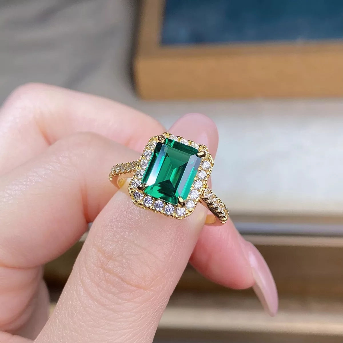 18K Gold-Plated 925 Sterling Silver Zircon Geometric Ring for Women in Dark Green