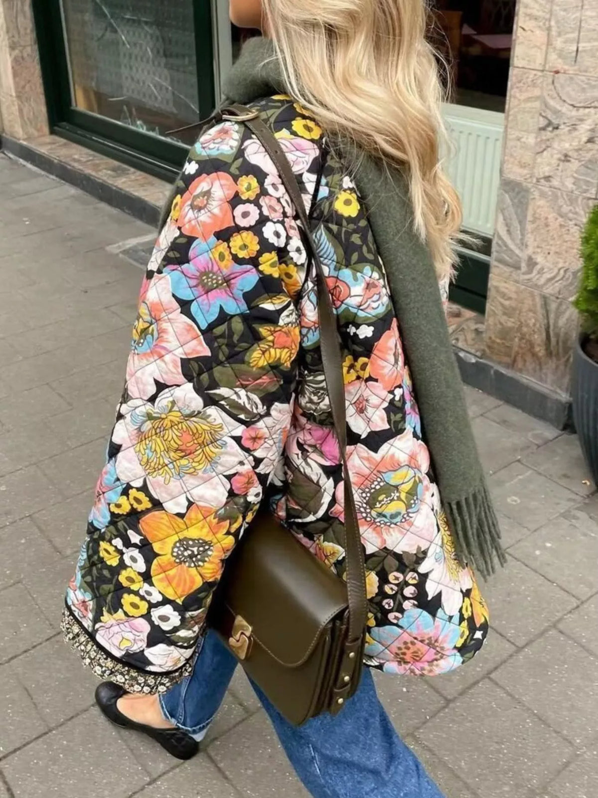 Full Size Floral Print Quilted Sherpa-Lined Jacket for Women Plus Size