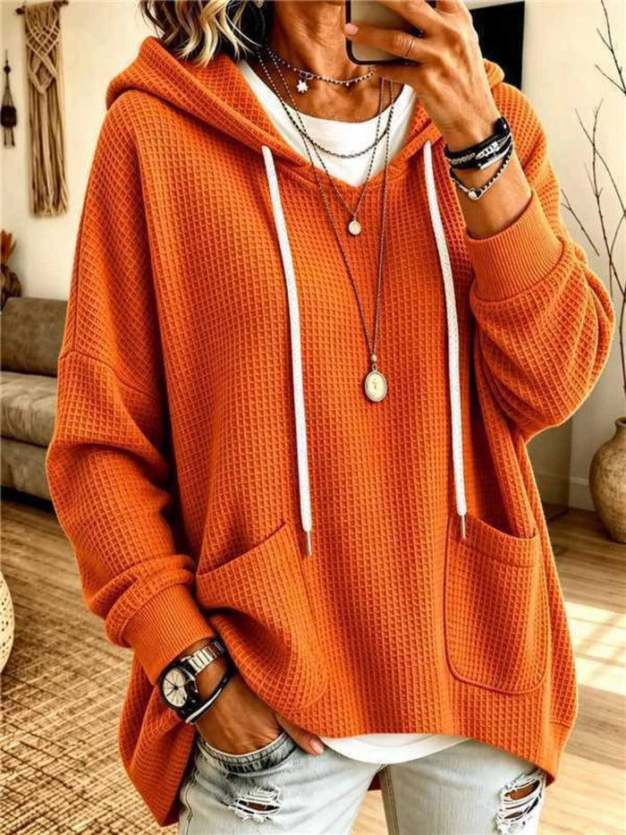 Full Size Waffle Knit Drawstring Long Sleeve Hoodie for Women Plus Size