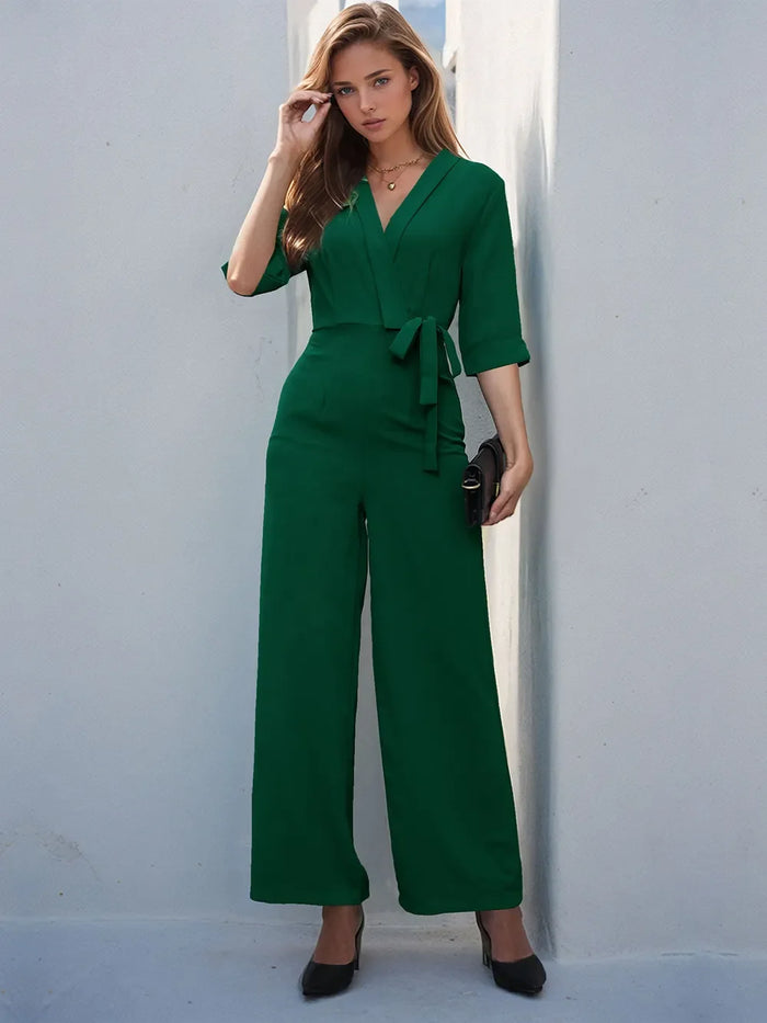 Perfee Women's Surplice Half Sleeve Wide Leg Jumpsuit