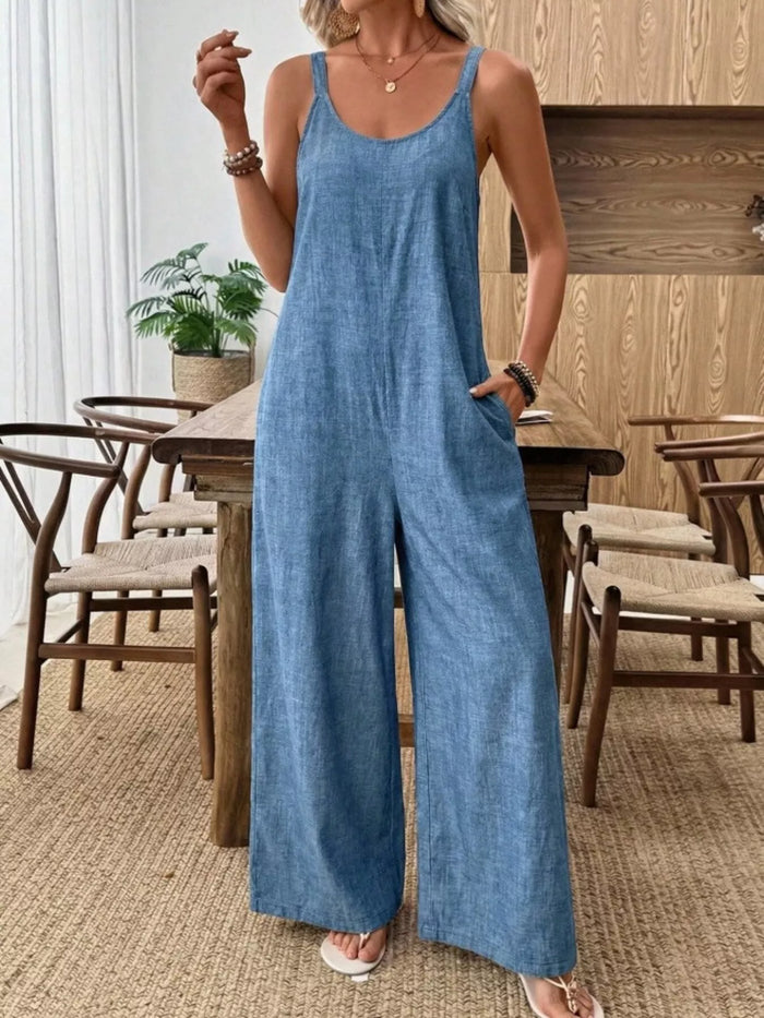 Women's Spaghetti Strap Wide Leg Jumpsuit in Dusty Blue