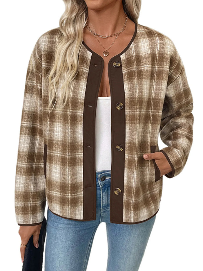 Plaid Long Sleeve Button-Up Jacket for Women