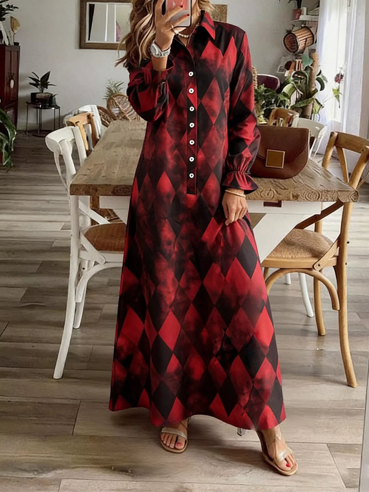 Argyle Print Button-Down Maxi Dress for Women
