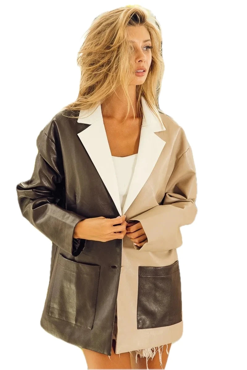 BiBi Faux Leather Color Block Blazer