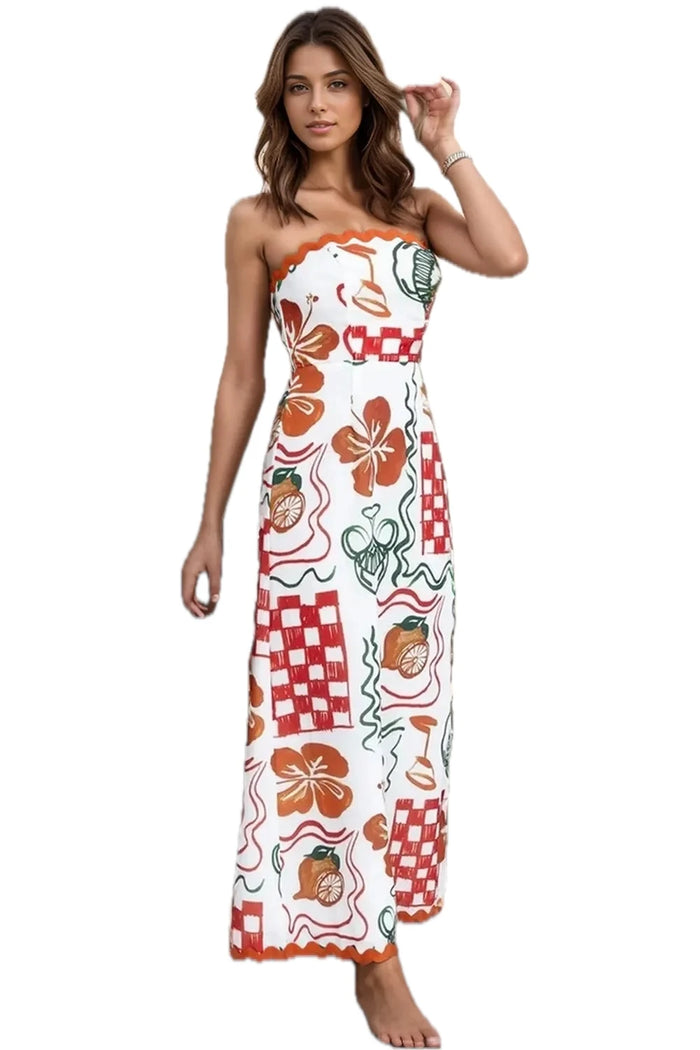 Printed Tube Maxi Dress for Women in White