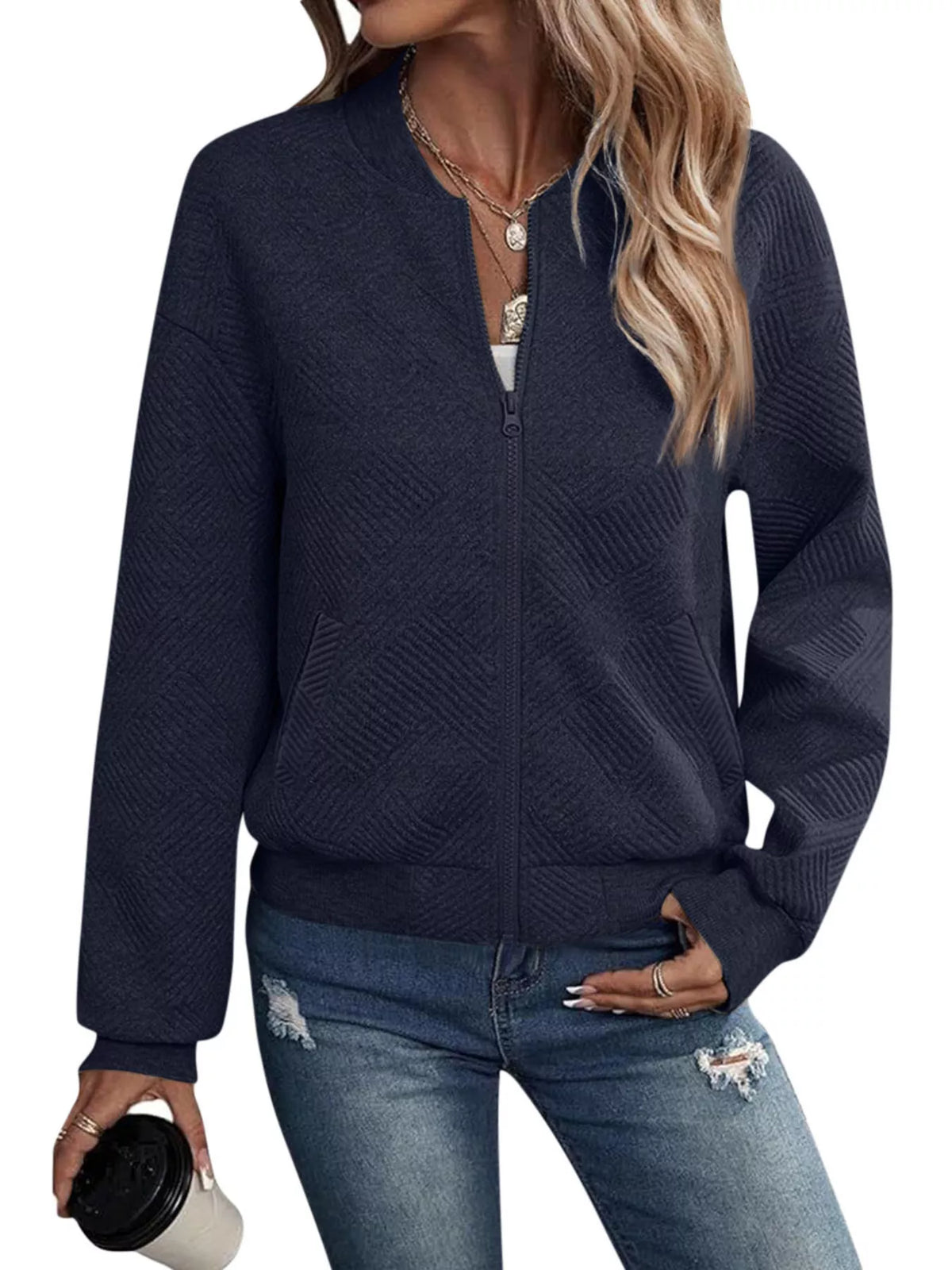 Textured Knit Zip Up Jacket