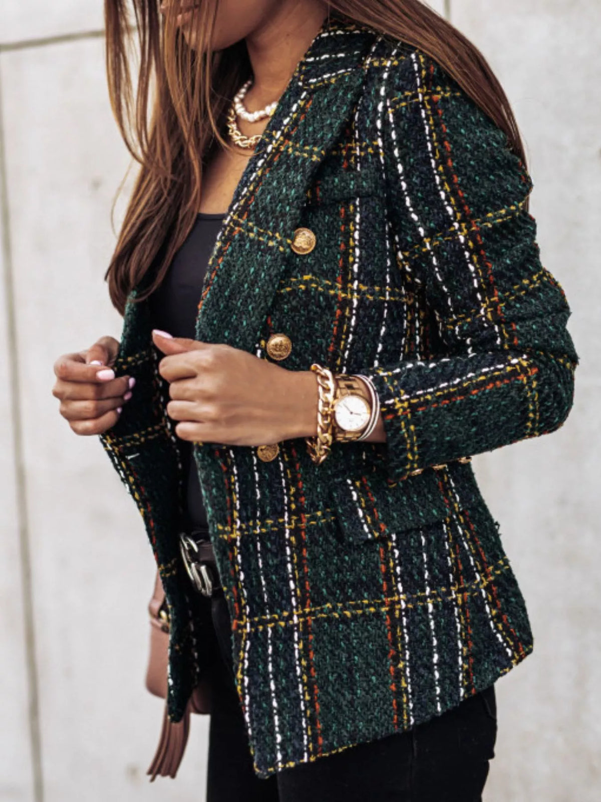 Plaid Tweed Double Breasted Blazer Plus Size