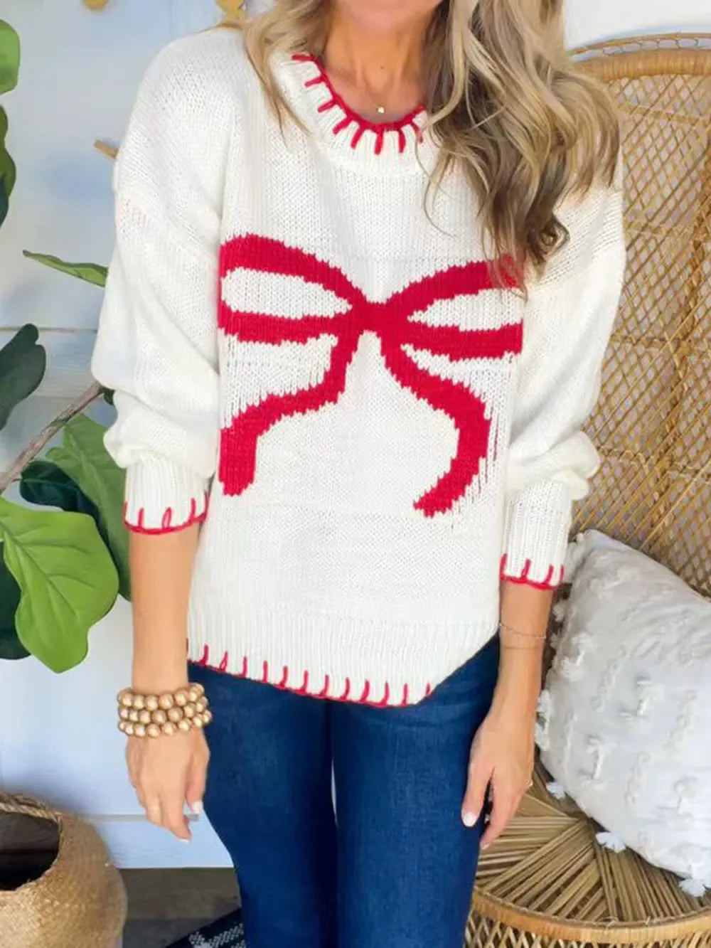 Acrylic Bow Crew Neck Long Sleeve Sweater