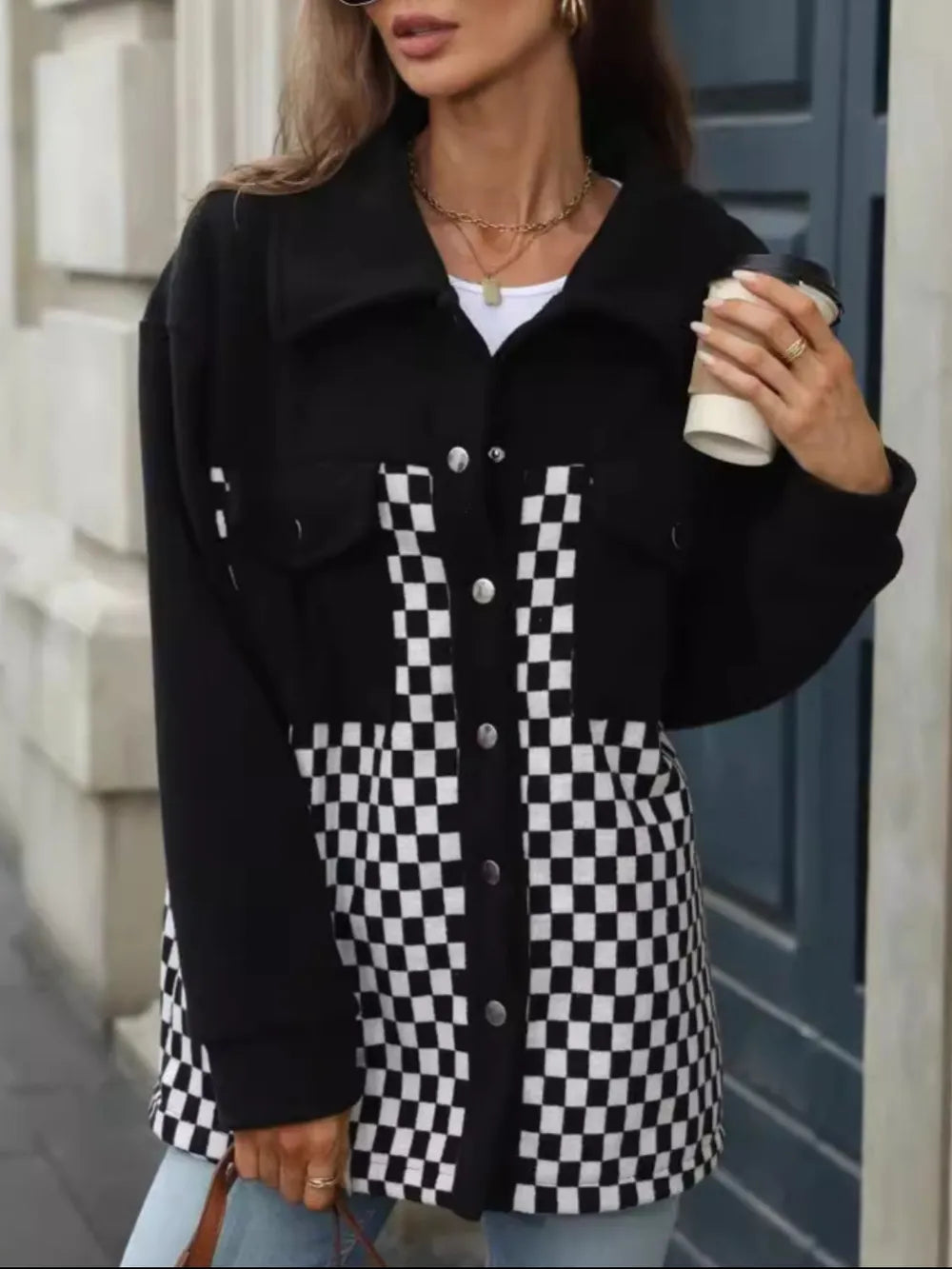 Checkered Snap Down Jacket in Black