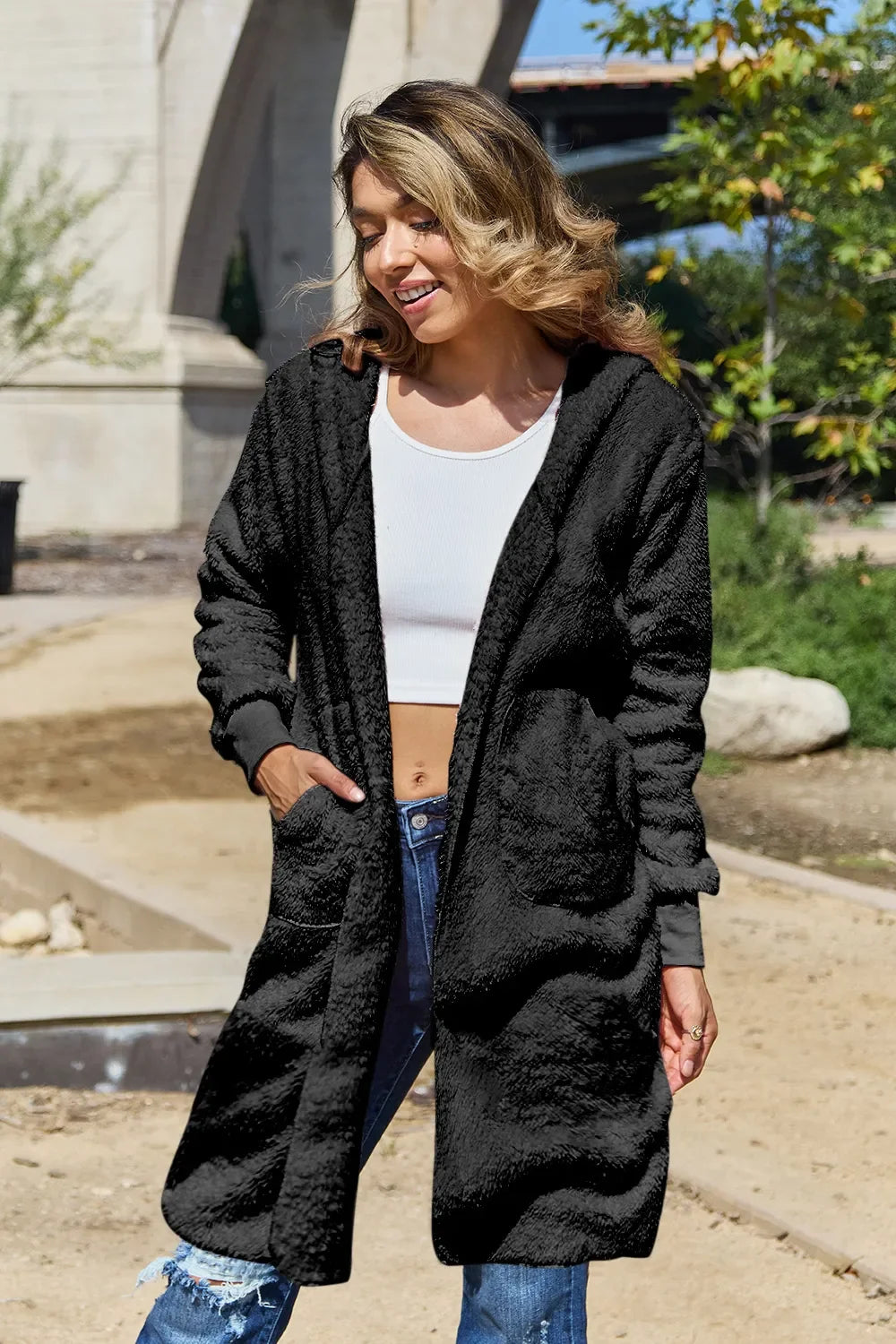 Double Take Women's Full Size Hooded Teddy Bear Jacket with Thumbholes